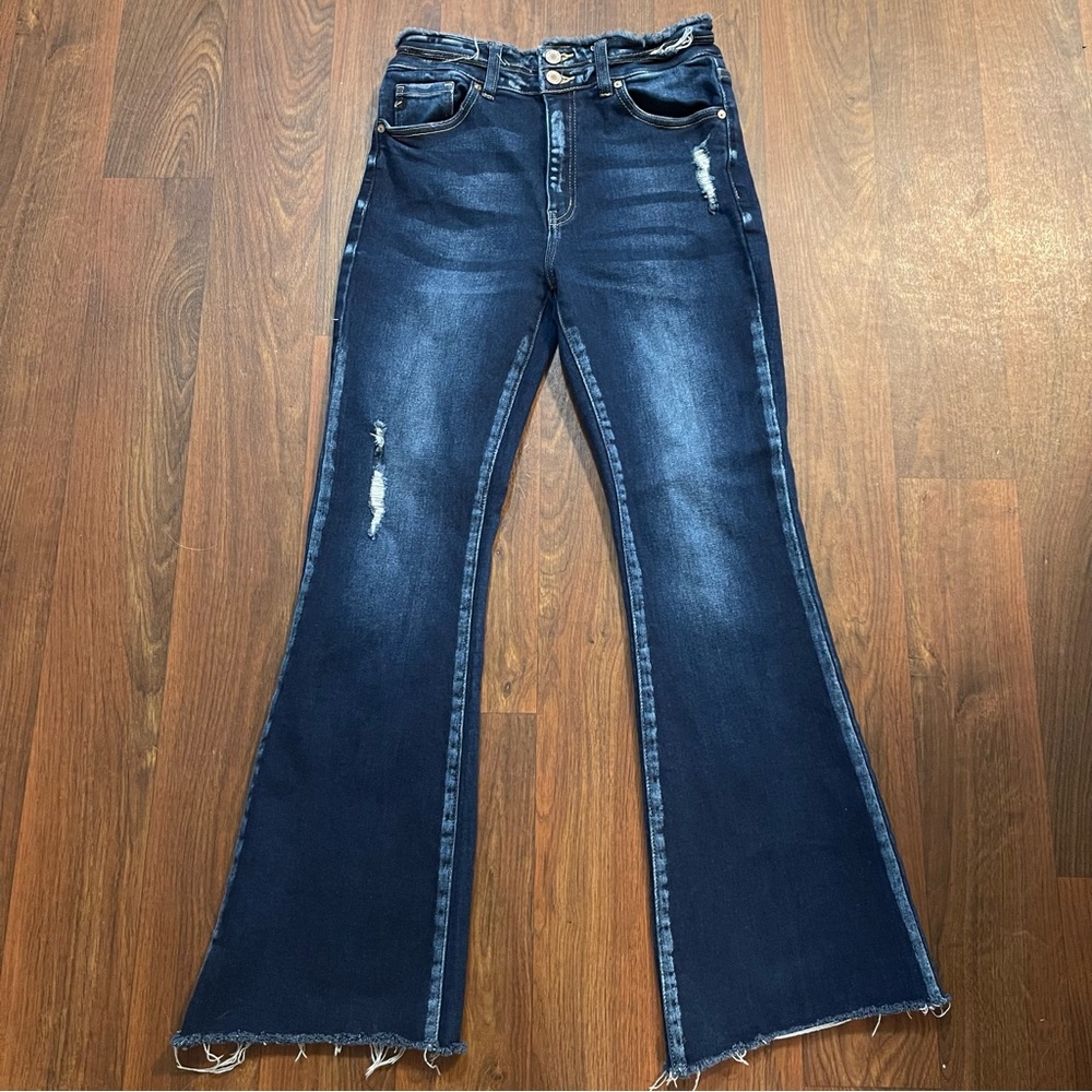 Kancan BRI HIGH RISE DOUBLE BUTTON FLARE Dark Wash Jeans Size 9 28